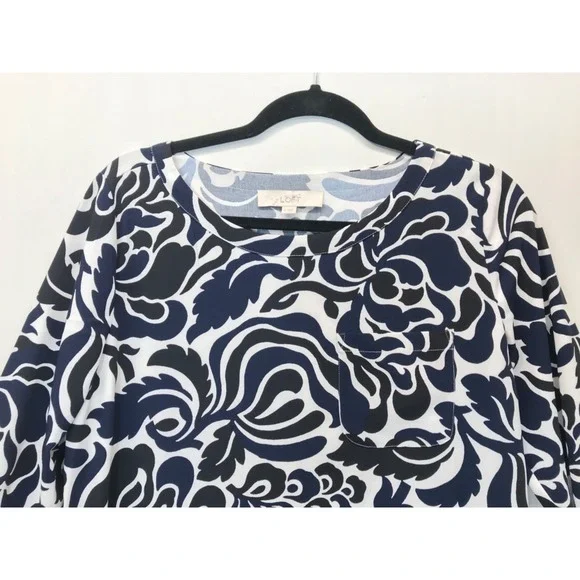 LOFT Shift Dress Women's Size M Long Sleeve Black White Navy Floral - Picture 3 of 8